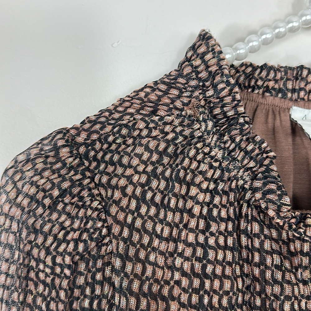 Joie Tan & Black Shimmer Long Sleeve Smocked Top Small - Picture 4 of 7